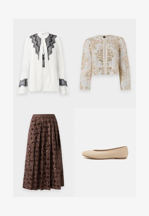 Jachetă scurtă brodată în bej, cu motive florale în roz, verde și albastru. Are mâneci lungi și decolteu rotund.; Bluză albă cu detalii din dantelă neagră pe guler și mâneci, cu un șnur la gât și mansete volan.; Fustă midi maro cu talie elastică, prezentând embellishments florale din paiete, design pliat și o textură de material fin.; Balerini din piele bej, cu vârful rotund, detalii de cusătură minime, toc mic și un logo subtil pe partea din spate. Textură netedă, mată.