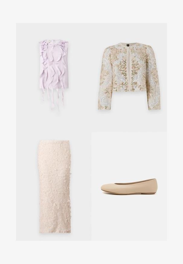 Beżowa haftowana kurtka o kroju crop z kwiatowymi motywami w kolorze różowym, zielonym i niebieskim. Posiada długie rękawy i okrągły dekolt.; Fioletowy top bez rękawów z teksturowanej tkaniny, ozdobiony falbanami opadającymi z przodu i po bokach. Zamek błyskawiczny z tyłu.; Kremowa spódnica ołówkowa z koronką z aplikacjami w kwiaty. Projekt jest dopasowany, z gładką teksturą i szczegółowymi zdobieniami.; Beżowe skórzane baleriny z zaokrąglonym noskiem, minimalnymi szwami, niskim obcasem oraz subtelnym logo z tyłu. Gładka, matowa tekstura.