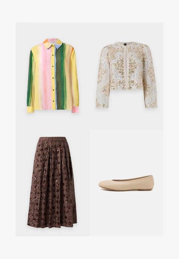 Vyšívaná zkrácená bunda v béžové barvě s květinovými motivy v růžové, zelené a modré. Má dlouhé rukávy a kulatý výstřih.; Barevná blůza s dlouhými rukávy, zdobená vertikálními pruhy v růžové, žluté, zelené a oranžové barvě. Vyrobena z hladké látky, s límečkem a knoflíkovým zapínáním na přední straně.; Hnědá midi sukně s elastickým pasem, zdobená květinovými flitry, s plisovaným designem a hladkou texturou látky.; Béžové kožené baletní byty s kulatou špičkou, minimálním prošíváním, nízkým podpatkem a decentním logem na zadní straně. Hladký, matný povrch.