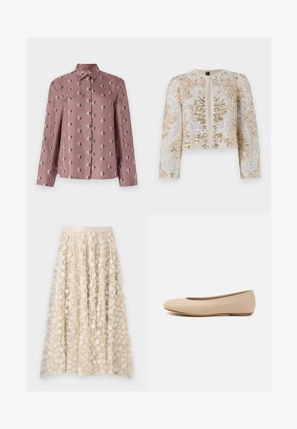 Izšūta īsā jakas stila virsjaka bēšā krāsā ar ziedu motīviem rozā, zaļā un zilā krāsā. Iespējami gari piedurknes un apaļa kakla izgriezums.; Pogu krekls maigas rozā audumā ar ģeometrisku rakstu, kas sastāv no dimantiem un trijstūriem pelēkā un melnā krāsā. Garas piedurknes, klasiskā apkakle.; Ziedu izšuvums uz caurspīdīgas, krēmkrāsas svārku ar samta jostu. Dizainā ir nelieli, smalki ziedi un lapas.; Bežs ādas deju zābaciņš ar noapaļu purngalu, minimālu šuvju detaļām, zemu papēdi un diskrētu logotipu aizmugurē. Gluda, matēta tekstūra.