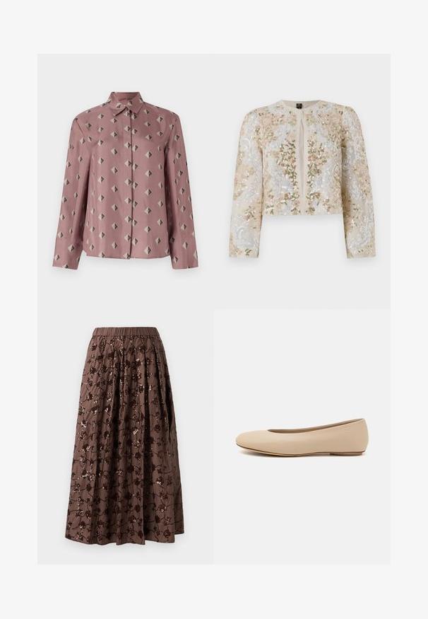 Broderet cropped jakke i beige med blomstermotiv i pink, grøn og blå. Har lange ærmer og rund halsudskæring.; Knapbluse i blødt pink stof med et geometrisk mønster bestående af diamanter og trekanter i afdæmpet grå og sort. Lange ærmer, klassisk krave.; Brun midi-nederdel med elastisk talje, der har blomsterformede pailletdekorationer, plisseret design og en glat stoftekstur.; Beige læder balletflade med afrundet tå, minimal sømdetaljering, lav hæl og subtilt logo på bagsiden. Glat, mat tekstur.