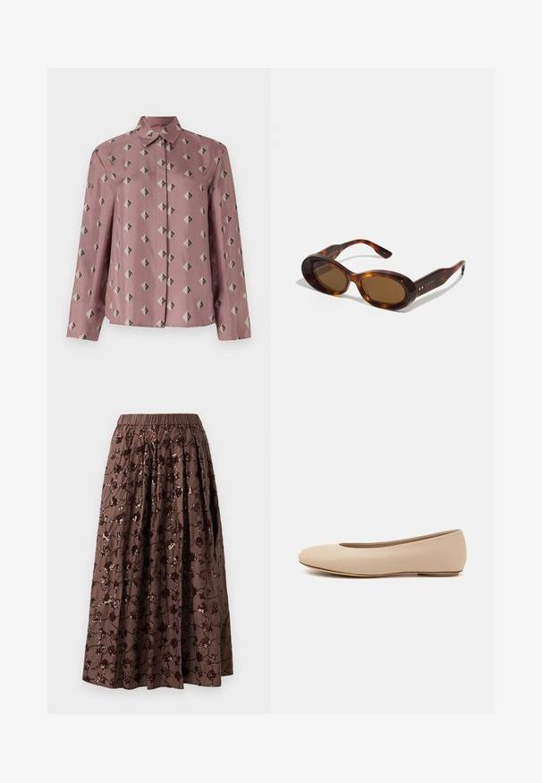 Chaqueta corta bordada en beige con motivos florales en rosa, verde y azul. Presenta mangas largas y un cuello redondo.; Camisa abotonada de suave tela rosa, con un patrón geométrico de diamantes y triángulos en tonos gris apagado y negro. Manga larga, cuello clásico.; Falda midi marrón con cintura elástica, adornos de lentejuelas florales, diseño plisado y una textura de tela suave.; Bailarina de cuero beige con punta redondeada, detalles de costura mínimos, tacón bajo y un sutil logo en la parte trasera. Textura suave y mate.; Gafas de sol carey con lentes ovalados, tono marrón y detalles dorados en las patillas. Montura gruesa con un acabado brillante y textura suave.