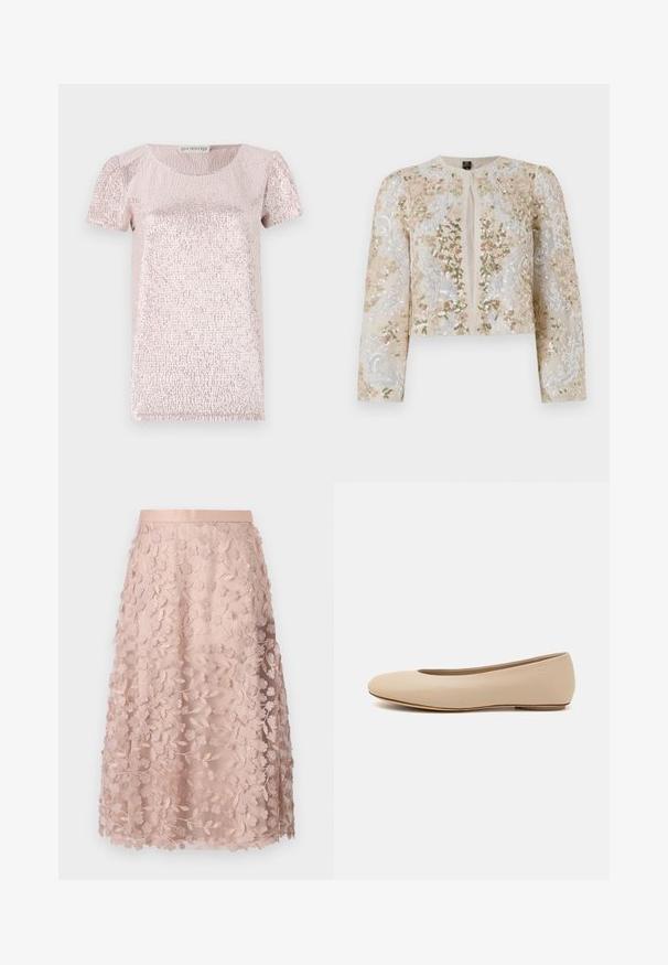 Vyvŕtaná skrátená bunda béžovej farby s kvetinovými motívmi v ružovej, zelenej a modrej. Má dlhé rukávy a okrúhly výstrih.; Krátkorychlá, ružová blúzka s textúrovaným, trblietavým povrchom, okrúhlym výstrihom a mierne nariasenými rukávmi, vyrobená z jemného materiálu.; Krajková midi sukňa v jemnej ružovej farbe s kvetinovou výšivkou, so zúženým pásom a vrstveným designom, ktorá podčiarkuje jemnú textúru.; Béžové kožené baleríny s okrúhlym prstom, minimálnym švom, nízkym podpätkom a diskrétnym logom na zadnej strane. Hladká, matná textura.