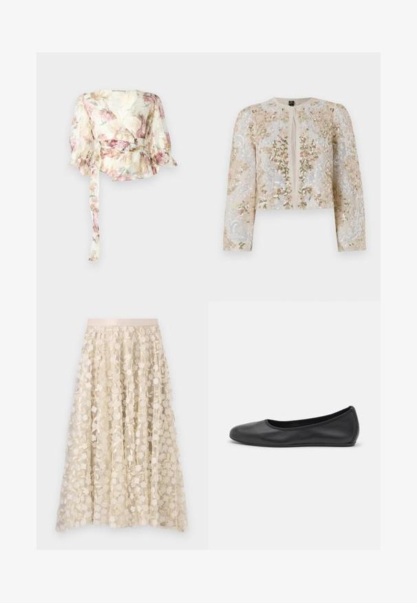 Giacca cropped ricamata in beige con motivi floreali in rosa, verde e blu. Presenta maniche lunghe e scollo rotondo.; Blusa avvolgente floreale in tessuto trasparente e leggero. Presenta motivi di rose pastello, maniche lunghe a palloncino e una cintura con fiocco in vita.; Ricamo floreale su una gonna trasparente color crema con una vita in satin. Il design presenta piccoli e delicati fiori e foglie.; Pantofole da balletto nere in pelle con punta arrotondata, texture liscia, dettagli di cucitura minimi e design con suola flessibile.