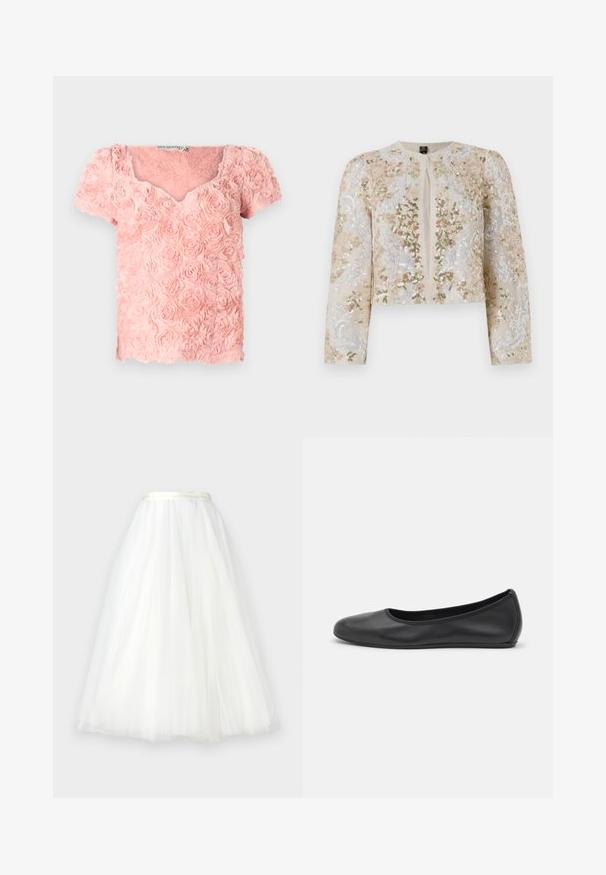 Veste courte brodée en beige avec des motifs floraux en rose, vert et bleu. Comprend des manches longues et un col rond.; Haut rose en tissu texturé avec des motifs de roses superposés, manches courtes et design en V. Présente des accents doux et tridimensionnels.; Ida Sjöstedt NOVA - Jupe longue - ivory; Ballerines en cuir noir avec un bout rond, texture lisse, détails de couture minimalistes et design de semelle flexible.
