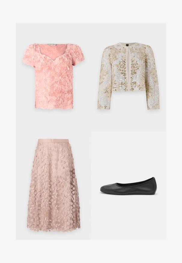 Izšūta īsā jakas stila virsjaka bēšā krāsā ar ziedu motīviem rozā, zaļā un zilā krāsā. Iespējami gari piedurknes un apaļa kakla izgriezums.; Rozā blūze, izgatavota no teksturēta auduma ar slāņveida rozēm, īsām piedurknēm un V-veida kakla izgriezumu. Iezīmējas ar mīkstiem, trīsdimensiju akcentiem.; Mežģīņu midi svārki maigā pinka krāsā ar ziedu izšuvumu, ar pieguļošu vidukļa līniju un slāņainu dizainu, izceļot smalku tekstūru.; Melna ādas baleta kurpe ar noapaļotu purngalu, gludu tekstūru, minimālu šuvju detalizāciju un elastīgu zoles dizainu.