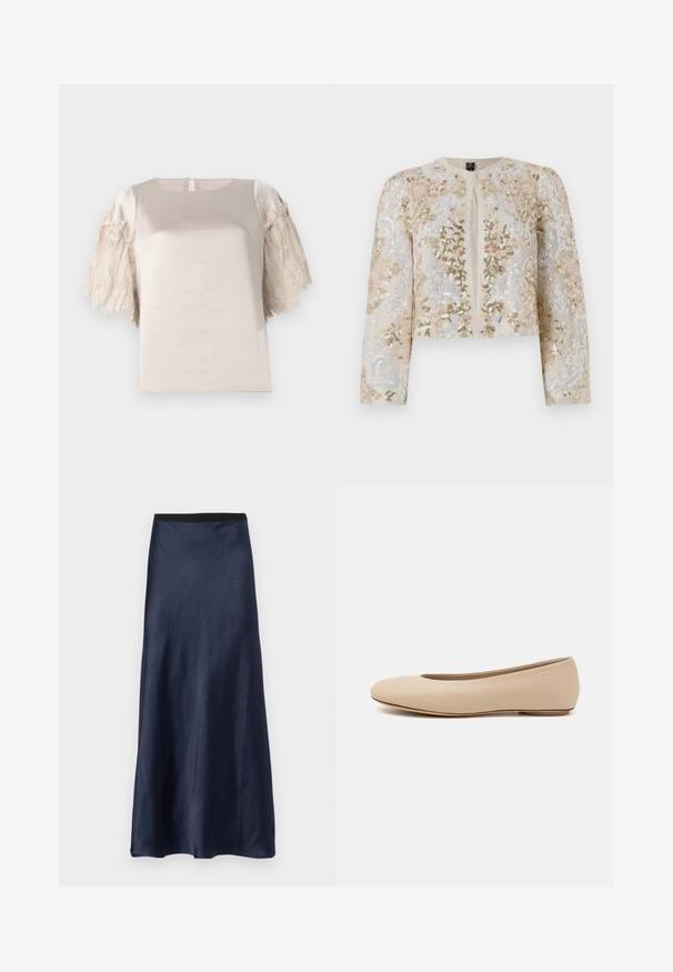Beige geborduurd cropped jack met florale motieven in roze, groen en blauw. Heeft lange mouwen en een ronde halslijn.; Beige top met korte mouwen, afgewerkt met kant; zachte textuur met een ronde halslijn en een keyhole-opening aan de achterkant.; Marineblauwe satijnen midi-jurk met een gladde textuur, uitlopende ontwerp en een zwarte elastische tailleband. Geen patronen of zichtbare hardware.; Beige leren ballerina met een ronde neus, minimale naaidetailing, lage hak en subtiel logo op de achterkant. Gladde, matte textuur.