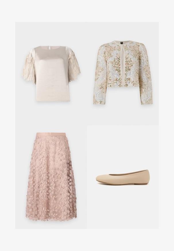 Beige siuvinėtas trumpas švarkas su rožinėmis, žaliomis ir mėlynomis gėlėmis. Turi ilgas rankoves ir apvalų iškirpimą.; Šviesiai pilkas viršus su trumpomis, nėriniuota rankovėmis; lygi tekstūra, apvaliu iškirpimu ir raktu formos atidarymu nugaroje.; Švelnios rožinės spalvos nėrinių midi sijonas su gėlių siuvinėjimu, turintis prigludusį juosmenį ir sluoksniuotą dizainą, akcentuojantis subtilią tekstūrą.; Šviesiai ruda odinė baleto bateliai su apvaliu galiuku, minimaliais siūlių detalėmis, žemu kulnu ir subtiliu logotipu gale. Lygi, matinė tekstūra.