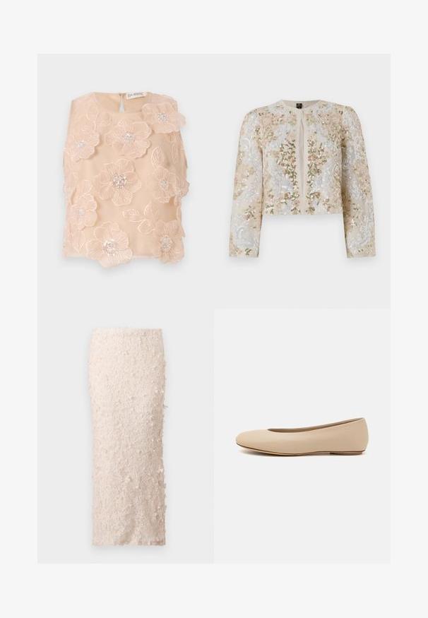 Embroidered cropped jacket in beige with floral motifs in pink, green, and blue. Features long sleeves and a round neckline.; Floral embroidered top in soft peach fabric, featuring 3D flowers with beaded centers and a keyhole back closure. Smooth texture.; Cream pencil skirt made of lace with floral appliqués. The design is fitted, featuring a smooth texture and detailed embellishments.; Beige leather ballet flat with rounded toe, minimal seam detailing, low heel, and subtle logo on the back. Smooth, matte texture.