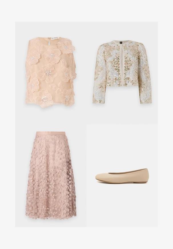 Vyvŕtaná skrátená bunda béžovej farby s kvetinovými motívmi v ružovej, zelenej a modrej. Má dlhé rukávy a okrúhly výstrih.; Kvetinový vyšívaný top v jemnej broskyňovej tkanine, ktorý sa pýši 3D kvetmi s perleťovými stredmi a uzáverom v tvare kľúča na zadnej strane. Hladká textúra.; Krajková midi sukňa v jemnej ružovej farbe s kvetinovou výšivkou, so zúženým pásom a vrstveným designom, ktorá podčiarkuje jemnú textúru.; Béžové kožené baleríny s okrúhlym prstom, minimálnym švom, nízkym podpätkom a diskrétnym logom na zadnej strane. Hladká, matná textura.