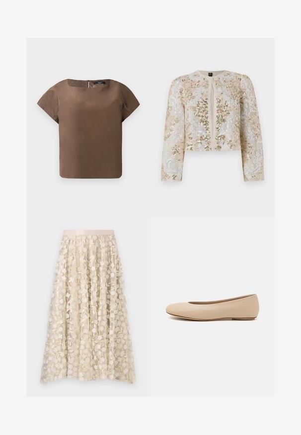 Veste courte brodée en beige avec des motifs floraux en rose, vert et bleu. Comprend des manches longues et un col rond.; Haut marron à manches courtes avec un col rond et une fermeture éclair dans le dos. Fabriqué dans un tissu lisse, il présente une silhouette propre et carrée, sans motifs.; Broderie florale sur une jupe transparente de couleur crème avec une ceinture en satin. Le motif présente de petites fleurs délicates et des feuilles.; Ballerines en cuir beige avec un bout arrondi, un minimum de coutures, un petit talon et un logo subtil à l'arrière. Texture lisse et mate.