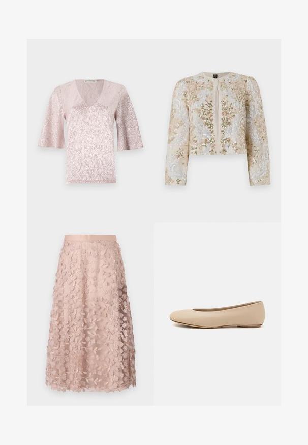 Bestickte, taillierte Jacke in Beige mit blühenden Motiven in Pink, Grün und Blau. Verfügt über lange Ärmel und einen runden Ausschnitt.; Rosa, kurzärmliges Oberteil mit V-Ausschnitt, das eine strukturierte Oberfläche und Glitzerdetails aufweist. Der Stoff hat ein metallic-glänzendes Finish.; Spitzen-Midirock in sanftem Rosa mit floralen Stickereien, ausgelegt mit einem figurbetonten Bund und einem geschichteten Design, das eine zarte Textur betont.; Beige Leder-Ballerina mit runder Zehenform, minimaler Nahtgestaltung, niedrigem Absatz und dezentem Logo auf der Rückseite. Glatte, matten Oberfläche.