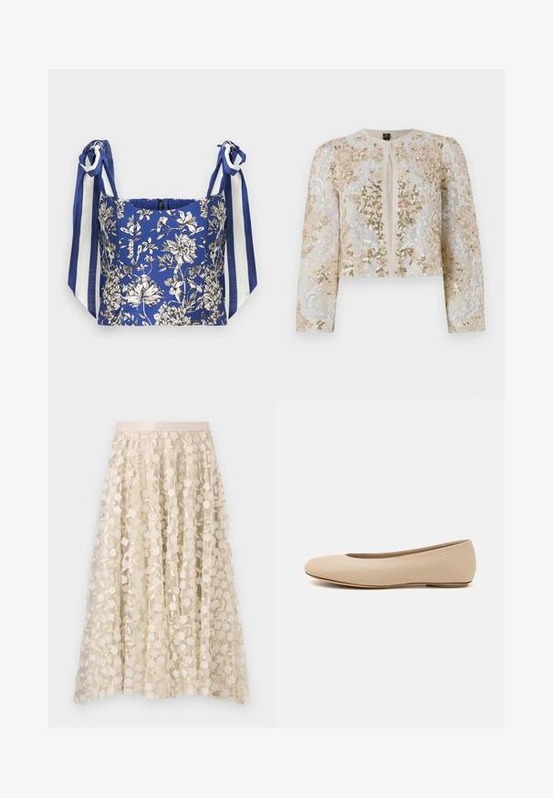 Beżowa haftowana kurtka o kroju crop z kwiatowymi motywami w kolorze różowym, zielonym i niebieskim. Posiada długie rękawy i okrągły dekolt.; Niebieski kwiatowy top crop z białymi i czarnymi szczegółowymi kwiatami, z szerokimi ramiączkami w niebieskie i białe paski.; Kwiatowe hafty na przejrzystej, kremowej spódnicy z satynowym pasem. Wzór zawiera małe, delikatne kwiaty i liście.; Beżowe skórzane baleriny z zaokrąglonym noskiem, minimalnymi szwami, niskim obcasem oraz subtelnym logo z tyłu. Gładka, matowa tekstura.