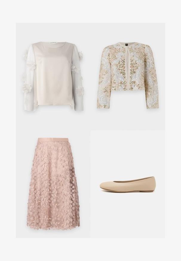 Jachetă scurtă brodată în bej, cu motive florale în roz, verde și albastru. Are mâneci lungi și decolteu rotund.; Top bej cu un material neted și mâneci transparente, accentuate cu flori și cu detalii din flori stratificate de-a lungul marginilor.; Fustă midi din dantelă în roz deschis cu broderie florală, având un talie ajustată și un design în straturi, accentuând o textură delicată.; Balerini din piele bej, cu vârful rotund, detalii de cusătură minime, toc mic și un logo subtil pe partea din spate. Textură netedă, mată.