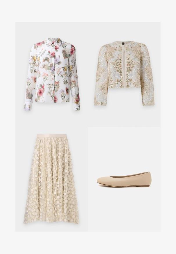 Vyšívaná zkrácená bunda v béžové barvě s květinovými motivy v růžové, zelené a modré. Má dlouhé rukávy a kulatý výstřih.; Květinová halenka s dlouhými rukávy, zapínáním na knoflíky vepředu a bílým pozadím. Obsahuje růžové, fialové a žluté květiny na lehkém materiálu.; Květná výšivka na průhledné sukně krémové barvy se saténovým pasem. Design obsahuje malé, jemné květiny a listy.; Béžové kožené baletní byty s kulatou špičkou, minimálním prošíváním, nízkým podpatkem a decentním logem na zadní straně. Hladký, matný povrch.
