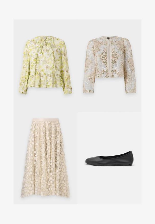 Beige värviga tikandiga lühike jak, millel on roosa, rohelise ja sinise lillemustrid. Omab pikki varrukaid ja ümmargust kaelust.; Lille rohelise ja kreemika lillemustriga pluus, millel on ribilised paneelid, pikad varrukad, sidumispael kaela ümber ning kihiline alus, millel on läbipaistev tekstuur.; Lillene tikandid läbipaistval kreemjas seelikuärmal, millel on satiinist vöökoht. Kujunduses on väikesed, õrnad lilled ja lehed.; Musthave mustika tantsutossud mustast nahast, ümmarguse varbaga, siledast tekstuurist, minimaalse õmblusdetailiga ja paindliku tallakujundusega.