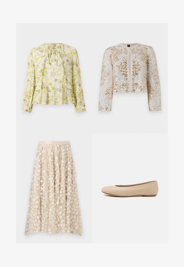 Giacca cropped ricamata in beige con motivi floreali in rosa, verde e blu. Presenta maniche lunghe e scollo rotondo.; Blusa floreale in verde chiaro e crema, caratterizzata da pannelli arricciati, maniche lunghe, un colletto con fiocco e un orlo a strati con una texture trasparente.; Ricamo floreale su una gonna trasparente color crema con una vita in satin. Il design presenta piccoli e delicati fiori e foglie.; Ballerine in pelle beige con punta arrotondata, dettagli di cucitura minimi, tacco basso e logo discreto sul retro. Texture liscia e opaca.