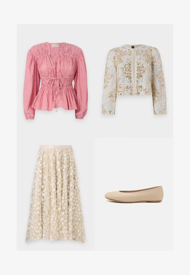 Embroidered cropped jacket in beige with floral motifs in pink, green, and blue. Features long sleeves and a round neckline.; Red and white striped blouse with long sleeves, gathered bodice, and adjustable drawstring at the waist, featuring a peplum hem.; Floral embroidery on a sheer, cream-colored skirt with a satin waistband. The design features small, delicate flowers and leaves.; Beige leather ballet flat with rounded toe, minimal seam detailing, low heel, and subtle logo on the back. Smooth, matte texture.