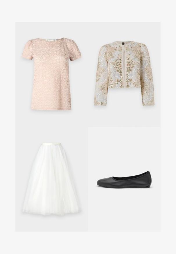 Jaqueta curta bordada em bege com motivos florais em rosa, verde e azul. Apresenta mangas longas e um decote redondo.; Top de manga curta, rosa claro, com um padrão texturizado, decote redondo e mangas ligeiramente bufantes. Feito de um tecido macio e leve.; Ida Sjöstedt NOVA - Saia comprida - ivory; Bailarina preta em pele com bico arredondado, textura suave, detalhe de costura minimalista e design de sola flexível.