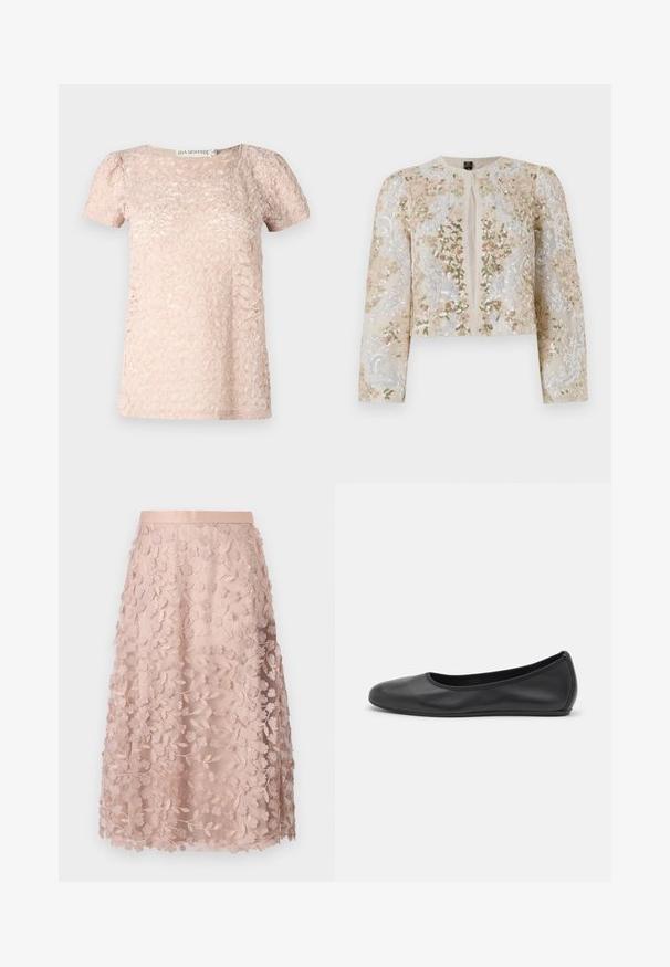 Vyvŕtaná skrátená bunda béžovej farby s kvetinovými motívmi v ružovej, zelenej a modrej. Má dlhé rukávy a okrúhly výstrih.; Krátky rukáv, svetloružový top s textúrovaným vzorom, okrúhlym výstrihom a jemne nariasenými rukávmi. Vyrobený z mäkkej, ľahkej látky.; Krajková midi sukňa v jemnej ružovej farbe s kvetinovou výšivkou, so zúženým pásom a vrstveným designom, ktorá podčiarkuje jemnú textúru.; Čierne kožené baleríny s okrúhlou špičkou, hladkým povrchom, minimálnym prešívaním a flexibilným dizajnom podrážky.
