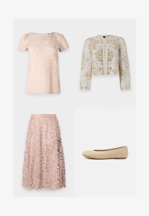 Veste courte brodée en beige avec des motifs floraux en rose, vert et bleu. Comprend des manches longues et un col rond.; Haut à manches courtes de couleur rose pâle avec un motif texturé, un col rond et des manches légèrement bouffantes. Fabriqué en tissu doux et léger.; Jupe midi en dentelle rose doux avec broderies florales, dotée d'une taille ajustée et d'un design superposé, soulignant une texture délicate.; Ballerines en cuir beige avec un bout arrondi, un minimum de coutures, un petit talon et un logo subtil à l'arrière. Texture lisse et mate.