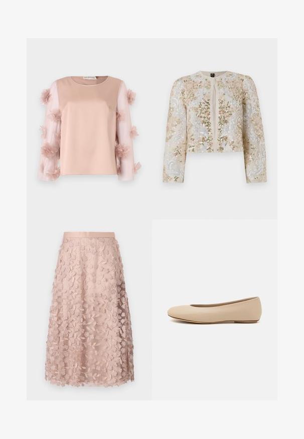 Beige cropattu takki, jossa on pinkkejä, vihreitä ja sinisiä kukkakuvioita. Varustettu pitkillä hihoilla ja pyöreällä kaula-aukolla.; Vaaleanpunainen paita, jossa on kiinteä satiininen vartalo. Läsnäolevat hihat ovat koristeltu ripotelluilla kangaskukilla, jotka tuovat rakennetta ja yksityiskohtia. Pyöreä kaula-aukko.; Pitkä pitsihame pehmeässä vaaleanpunaisessa sävyssä, jossa on kukkakirjontaa. Hameessa on tiukka vyötärö ja kerroksellinen muotoilu, mikä korostaa herkkää pintarakennetta.; Beige nahkara ballet flat dengan ujung bulat, detail jahitan minimal, hak rendah, dan logo halus di bagian belakang. Tekstur halus dan matte.