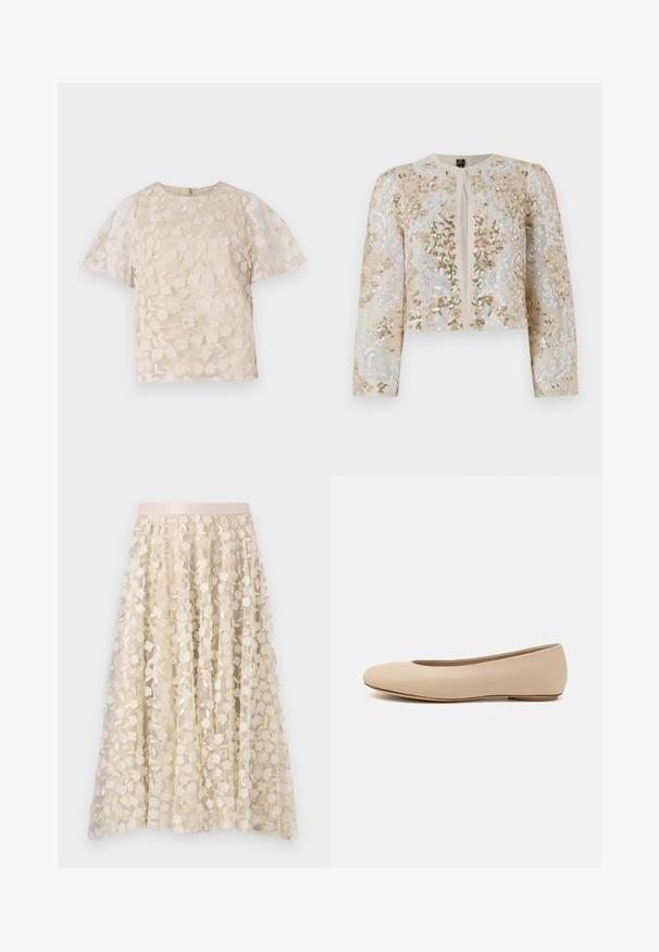 Broderet cropped jakke i beige med blomstermotiv i pink, grøn og blå. Har lange ærmer og rund halsudskæring.; Beige bluse med blomsterbroderi, gennemsigtige puffærmer, rund halsudskæring og lynlåslukning i ryggen. Struktureret blomsterdesign på forpanelet.; Blomsterbroderi på en gennemsigtig, cremefarvet nederdel med satinliv. Designet har små, delikate blomster og blade.; Beige læder balletflade med afrundet tå, minimal sømdetaljering, lav hæl og subtilt logo på bagsiden. Glat, mat tekstur.