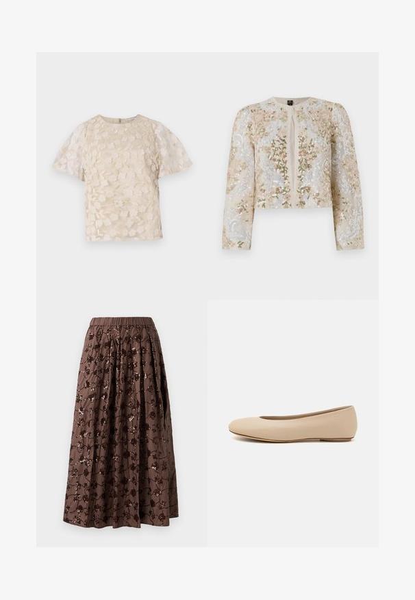Broderet cropped jakke i beige med blomstermotiv i pink, grøn og blå. Har lange ærmer og rund halsudskæring.; Beige bluse med blomsterbroderi, gennemsigtige puffærmer, rund halsudskæring og lynlåslukning i ryggen. Struktureret blomsterdesign på forpanelet.; Brun midi-nederdel med elastisk talje, der har blomsterformede pailletdekorationer, plisseret design og en glat stoftekstur.; Beige læder balletflade med afrundet tå, minimal sømdetaljering, lav hæl og subtilt logo på bagsiden. Glat, mat tekstur.