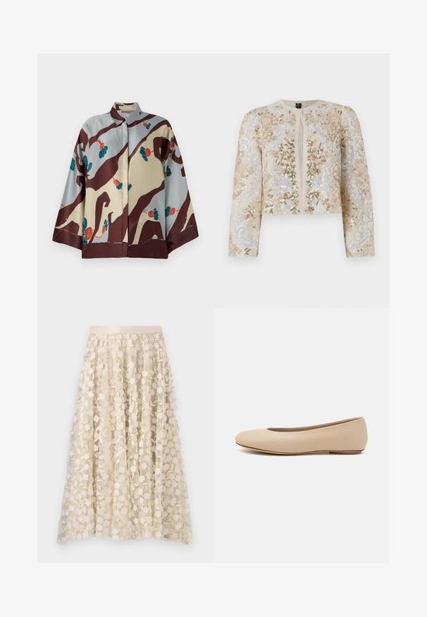 Vyvŕtaná skrátená bunda béžovej farby s kvetinovými motívmi v ružovej, zelenej a modrej. Má dlhé rukávy a okrúhly výstrih.; Hedvábná košeľa s golierom, s krémovo svetlomodrým základom zdobeným abstraktnými hnedými vzormi a farebnými kvetinovými akcentmi.; Kvetinová výšivka na priesvitnej sukni v krémovej farbe so saténovým pásom. Dizajn obsahuje malé, jemné kvety a listy.; Béžové kožené baleríny s okrúhlym prstom, minimálnym švom, nízkym podpätkom a diskrétnym logom na zadnej strane. Hladká, matná textura.