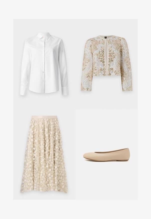 Beige cropattu takki, jossa on pinkkejä, vihreitä ja sinisiä kukkakuvioita. Varustettu pitkillä hihoilla ja pyöreällä kaula-aukolla.; Valkoinen pitkähihaisuus nappipaita, joka on valmistettu sileästä puuvillakankaasta, sisältää klassisen kauluksen ja pienet napit edessä.; Kukkakirjonta kermanvärisessä läpinäkyvässä hameessa, jossa on satiinivyötärö. Suunnittelussa on pieniä, herkkiä kukkia ja lehtiä.; Beige nahkara ballet flat dengan ujung bulat, detail jahitan minimal, hak rendah, dan logo halus di bagian belakang. Tekstur halus dan matte.