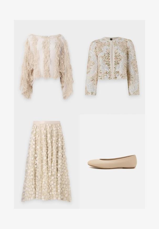 Giacca cropped ricamata in beige con motivi floreali in rosa, verde e blu. Presenta maniche lunghe e scollo rotondo.; Top corto a maniche corte beige, con frange testurizzate lungo la parte anteriore e le maniche. Tessuto trasparente con una fodera interna liscia.; Ricamo floreale su una gonna trasparente color crema con una vita in satin. Il design presenta piccoli e delicati fiori e foglie.; Ballerine in pelle beige con punta arrotondata, dettagli di cucitura minimi, tacco basso e logo discreto sul retro. Texture liscia e opaca.