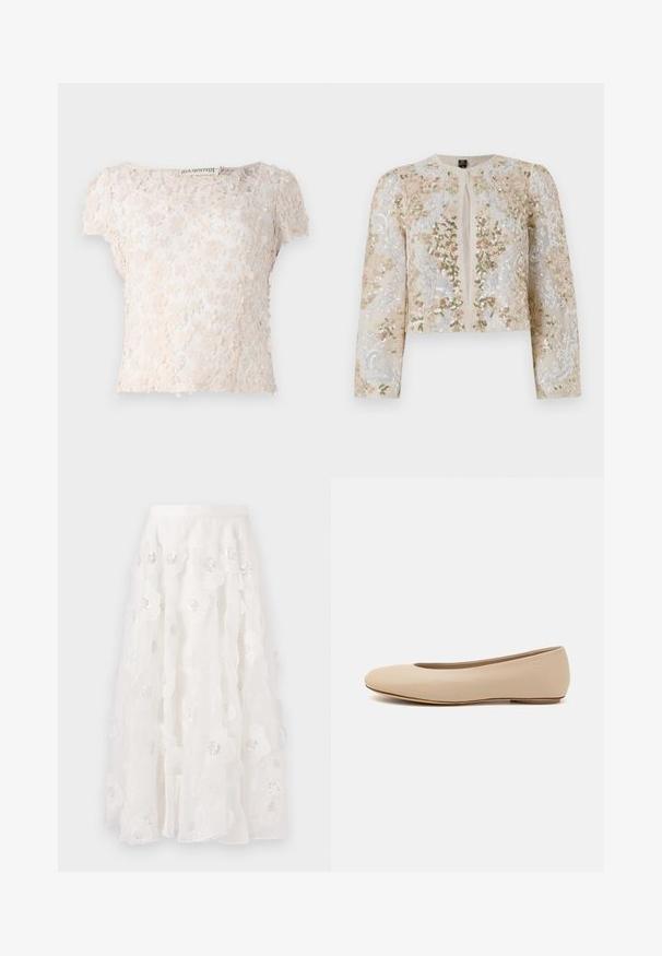 Izšūta īsā jakas stila virsjaka bēšā krāsā ar ziedu motīviem rozā, zaļā un zilā krāsā. Iespējami gari piedurknes un apaļa kakla izgriezums.; Gaišā bežā krāsā mežģīņu topiņš ar ziedu aplikācijām visā audumā, īsām piedurknēm un apaļu dekoltē. Tekstūras un smalks dizains.; Balta, līdz ceļiem garā svārki ar ziedu izšuvumiem un sudraba pērlītēm. Viegls, plūstošs audums ar viļņotiem slāņiem un piegrieztiem jostām.; Bežs ādas deju zābaciņš ar noapaļu purngalu, minimālu šuvju detaļām, zemu papēdi un diskrētu logotipu aizmugurē. Gluda, matēta tekstūra.