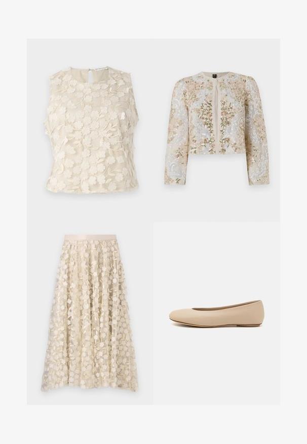 Vyšívaná zkrácená bunda v béžové barvě s květinovými motivy v růžové, zelené a modré. Má dlouhé rukávy a kulatý výstřih.; Krémový bezrukávový top s květinovou výšivkou, s kulatým výstřihem a klíčovou zadní částí. Průhledná tkanina s jemnými detaily a texturou.; Květná výšivka na průhledné sukně krémové barvy se saténovým pasem. Design obsahuje malé, jemné květiny a listy.; Béžové kožené baletní byty s kulatou špičkou, minimálním prošíváním, nízkým podpatkem a decentním logem na zadní straně. Hladký, matný povrch.