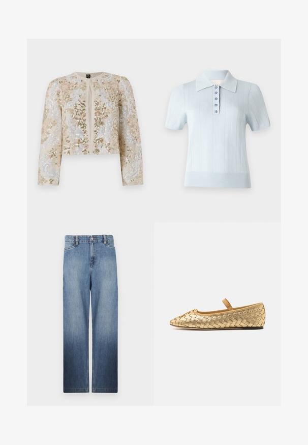 Bestickte, taillierte Jacke in Beige mit blühenden Motiven in Pink, Grün und Blau. Verfügt über lange Ärmel und einen runden Ausschnitt.; Helles blaues Polohemd mit kurzen Ärmeln, einer gerippten Textur, einem flachen Kragen und einer Vorderleiste mit sechs passenden Knöpfen.; Hellblaue, gerade geschnittene Denim-Jeans mit einem Ausbleich-Effekt, fünf Taschen und Metallknopfverschluss an der Taille.; Loeffler Randall LEONIE SOFT BALLET FLAT - Riemchenballerina - gold