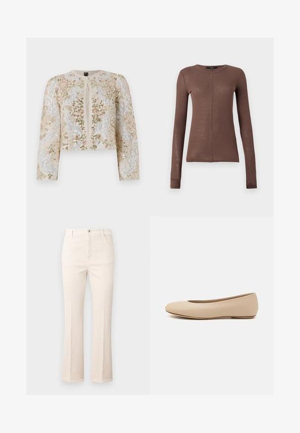 Beige geborduurd cropped jack met florale motieven in roze, groen en blauw. Heeft lange mouwen en een ronde halslijn.; Bruine lange mouwen top van lichtgewicht, soepel materiaal. Heeft een ronde halslijn en subtiele naaddetails aan de voorkant.; Beige flared jeans van katoen, met een hoge taille, vijf zakken, een knoopsluiting en subtiele stikseldetails.; Beige leren ballerina met een ronde neus, minimale naaidetailing, lage hak en subtiel logo op de achterkant. Gladde, matte textuur.