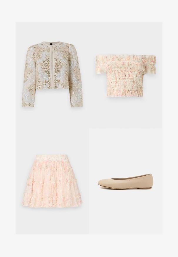 Beige cropattu takki, jossa on pinkkejä, vihreitä ja sinisiä kukkakuvioita. Varustettu pitkillä hihoilla ja pyöreällä kaula-aukolla.; Olkapäiltä avonainen paita, jossa on röyhelöreunat, smokkikuvio pasteliväreissä, kevyttä kangasta ja teksturoitu pinta.; Needle & Thread DITSY SMOCKED MICRO MINI SKIRT - Minihame - moonshine pink; Beige nahkara ballet flat dengan ujung bulat, detail jahitan minimal, hak rendah, dan logo halus di bagian belakang. Tekstur halus dan matte.
