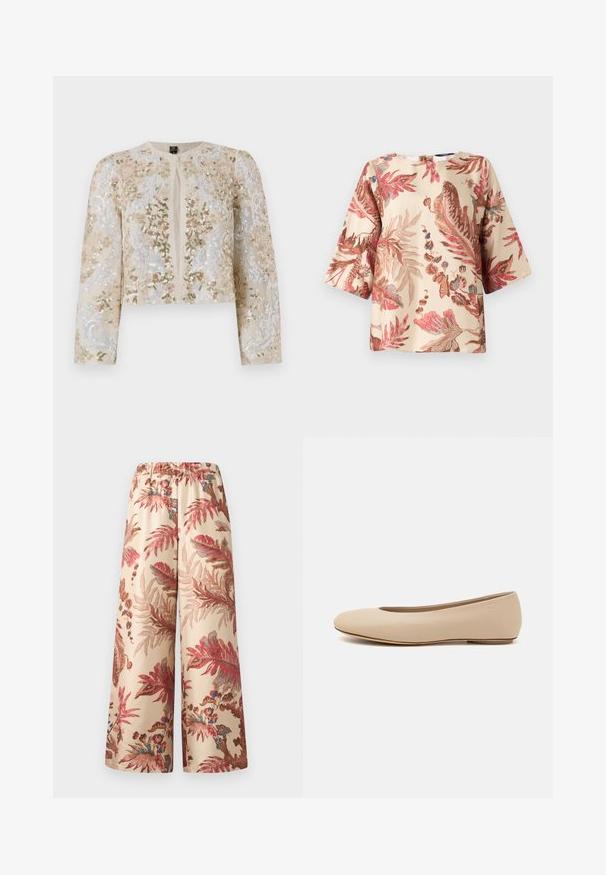 Embroidered cropped jacket in beige with floral motifs in pink, green, and blue. Features long sleeves and a round neckline.; Floral-patterned blouse in light beige, featuring pink and brown leaf designs, short sleeves, and a round neckline with a back closure.; Wide-leg trousers in a light beige fabric, featuring a floral pattern in pink, red, and blue shades, with an elastic waistband.; Beige leather ballet flat with rounded toe, minimal seam detailing, low heel, and subtle logo on the back. Smooth, matte texture.