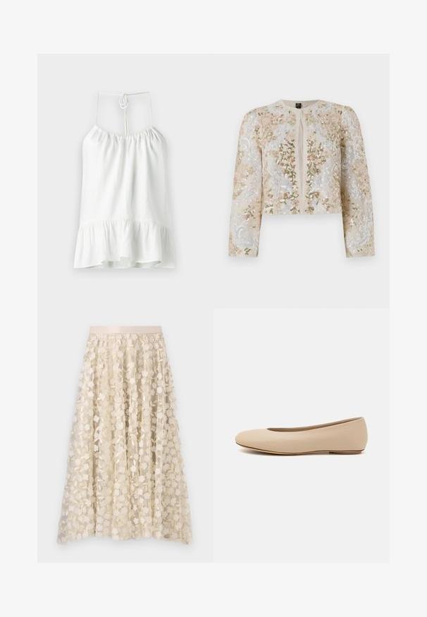 Beige geborduurd cropped jack met florale motieven in roze, groen en blauw. Heeft lange mouwen en een ronde halslijn.; Witte mouwloze blouse van lichtgewicht stof. Heeft een geplooide halslijn en een uitlopende rufflezoom. Wordt achteraan gesloten met een strik.; Bloemrijke borduursels op een doorschijnende, crèmekleurige rok met een satijnen tailleband. Het ontwerp bevat kleine, delicate bloemen en bladeren.; Beige leren ballerina met een ronde neus, minimale naaidetailing, lage hak en subtiel logo op de achterkant. Gladde, matte textuur.