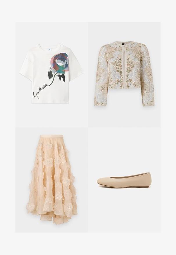 Vyvŕtaná skrátená bunda béžovej farby s kvetinovými motívmi v ružovej, zelenej a modrej. Má dlhé rukávy a okrúhly výstrih.; Biele skrátené tričko s farebnou grafickou potlačou ruže v odtieňoch modrej, ružovej a zelenej, s nápisom "Paul Smith" potlačeným čiernou farbou.; Béžová tylová sukňa s viacvrstvovou kvetinovou výšivkou, ozdobená flitrami a s priliehajúcim pásom, s prúdnym lemom.; Béžové kožené baleríny s okrúhlym prstom, minimálnym švom, nízkym podpätkom a diskrétnym logom na zadnej strane. Hladká, matná textura.