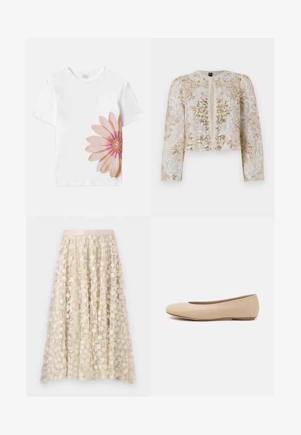 Broderet cropped jakke i beige med blomstermotiv i pink, grøn og blå. Har lange ærmer og rund halsudskæring.; Hvid bomulds T-shirt med et stort pink og guld blomstergrafik på venstre side. Korte ærmer og rund halsudskæring.; Blomsterbroderi på en gennemsigtig, cremefarvet nederdel med satinliv. Designet har små, delikate blomster og blade.; Beige læder balletflade med afrundet tå, minimal sømdetaljering, lav hæl og subtilt logo på bagsiden. Glat, mat tekstur.