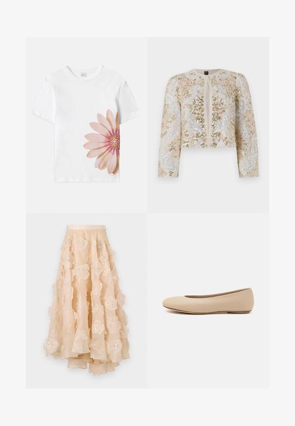 Vyvŕtaná skrátená bunda béžovej farby s kvetinovými motívmi v ružovej, zelenej a modrej. Má dlhé rukávy a okrúhly výstrih.; Biele bavlnené tričko s veľkou grafikou ružovej a zlatej kvetiny na ľavej strane. Krátke rukávy a okrúhly výstrih.; Béžová tylová sukňa s viacvrstvovou kvetinovou výšivkou, ozdobená flitrami a s priliehajúcim pásom, s prúdnym lemom.; Béžové kožené baleríny s okrúhlym prstom, minimálnym švom, nízkym podpätkom a diskrétnym logom na zadnej strane. Hladká, matná textura.