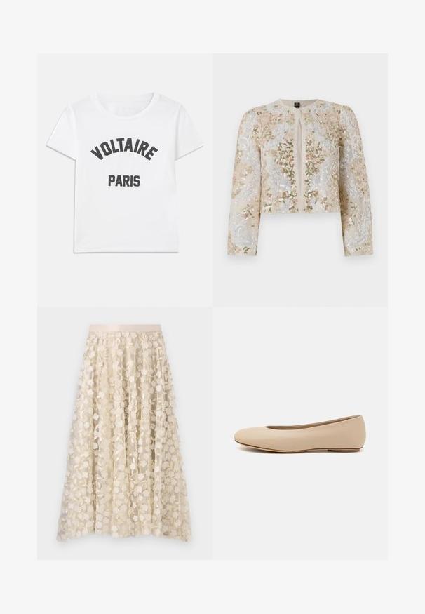 Vyšívaná zkrácená bunda v béžové barvě s květinovými motivy v růžové, zelené a modré. Má dlouhé rukávy a kulatý výstřih.; Bílý bavlněný tričko s černým grafickým textem "VOLTAIRE" umístěným nad "PAŘÍŽ". Krátké rukávy a kulatý výstřih.; Květná výšivka na průhledné sukně krémové barvy se saténovým pasem. Design obsahuje malé, jemné květiny a listy.; Béžové kožené baletní byty s kulatou špičkou, minimálním prošíváním, nízkým podpatkem a decentním logem na zadní straně. Hladký, matný povrch.