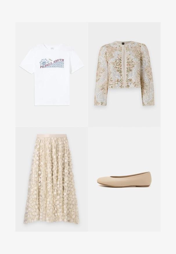 Beżowa haftowana kurtka o kroju crop z kwiatowymi motywami w kolorze różowym, zielonym i niebieskim. Posiada długie rękawy i okrągły dekolt.; Biała bawełniana koszulka z kolorową grafiką diabelskiego młyna i kolejki górskiej, z napisem "PS Paul Smith" w kolorze czerwonym i niebieskim.; Kwiatowe hafty na przejrzystej, kremowej spódnicy z satynowym pasem. Wzór zawiera małe, delikatne kwiaty i liście.; Beżowe skórzane baleriny z zaokrąglonym noskiem, minimalnymi szwami, niskim obcasem oraz subtelnym logo z tyłu. Gładka, matowa tekstura.