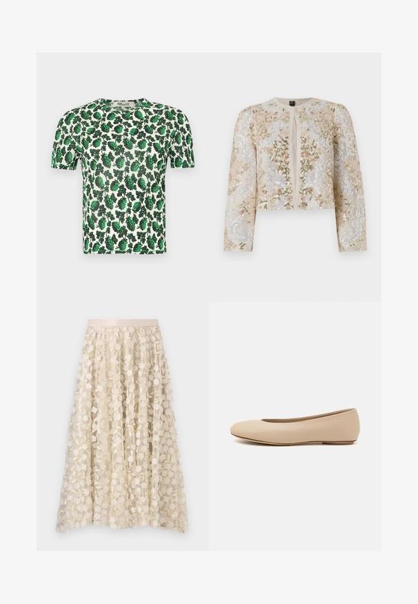 Beżowa haftowana kurtka o kroju crop z kwiatowymi motywami w kolorze różowym, zielonym i niebieskim. Posiada długie rękawy i okrągły dekolt.; Zielona, kwiatowa bluzka z krótkim rękawem, ozdobiona dużymi liściastymi wzorami na białym tle, wykonana z lekkiego, elastycznego materiału.; Kwiatowe hafty na przejrzystej, kremowej spódnicy z satynowym pasem. Wzór zawiera małe, delikatne kwiaty i liście.; Beżowe skórzane baleriny z zaokrąglonym noskiem, minimalnymi szwami, niskim obcasem oraz subtelnym logo z tyłu. Gładka, matowa tekstura.