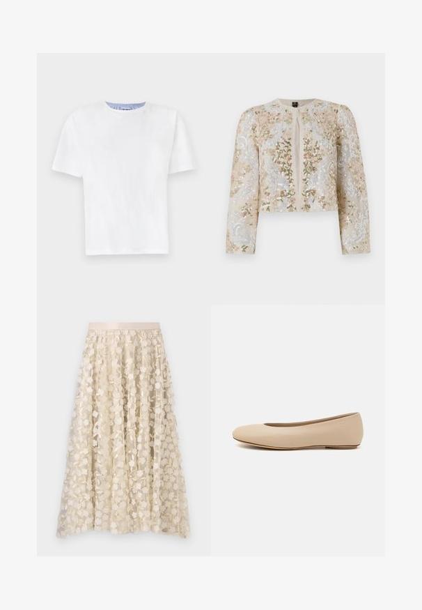 Beige värviga tikandiga lühike jak, millel on roosa, rohelise ja sinise lillemustrid. Omab pikki varrukaid ja ümmargust kaelust.; Valge puuvillane T-särk ümmarguse kaelusega. Lühikesed varrukad ja sinised triibud sisekrae äärel. Pehme tekstuur, tavaline lõige.; Lillene tikandid läbipaistval kreemjas seelikuärmal, millel on satiinist vöökoht. Kujunduses on väikesed, õrnad lilled ja lehed.; Beeži nahk balletitossud ümarate varvastega, minimaalse õmbluse detailiga, madala kanna ja diskreetse logoga taga. Sile, mati tekstuur.