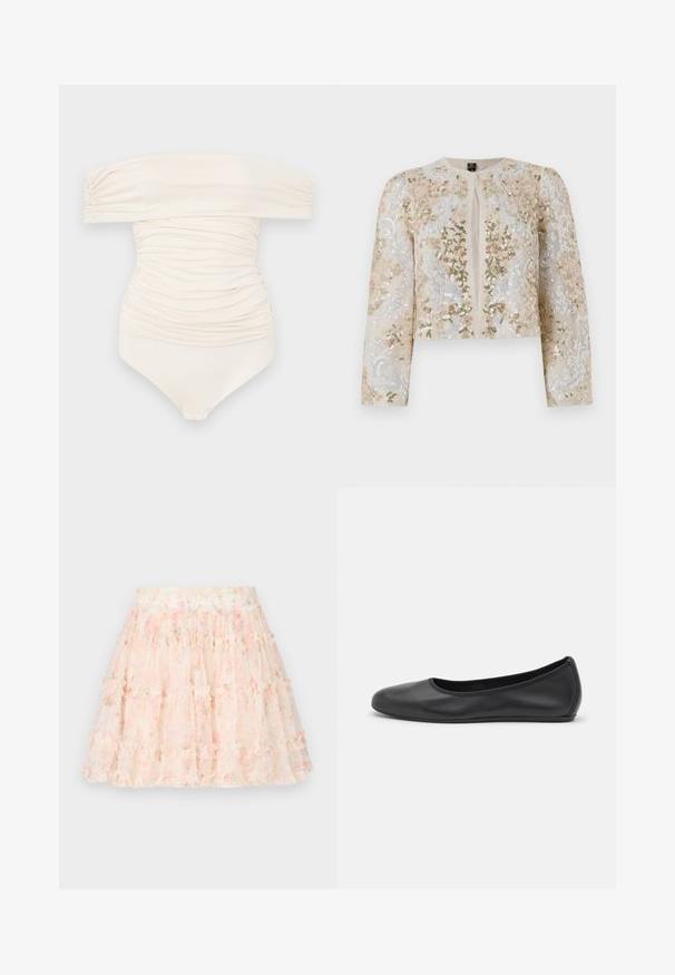 Vyvŕtaná skrátená bunda béžovej farby s kvetinovými motívmi v ružovej, zelenej a modrej. Má dlhé rukávy a okrúhly výstrih.; Plavky bez ramienok v krémovej farbe s riaseným dizajnom, s hladkou textúrou a zapínaním na patentku na spodnej časti.; Needle & Thread DITSY SMOCKED MICRO MINI SKIRT - Minisukňa - moonshine pink; Čierne kožené baleríny s okrúhlou špičkou, hladkým povrchom, minimálnym prešívaním a flexibilným dizajnom podrážky.