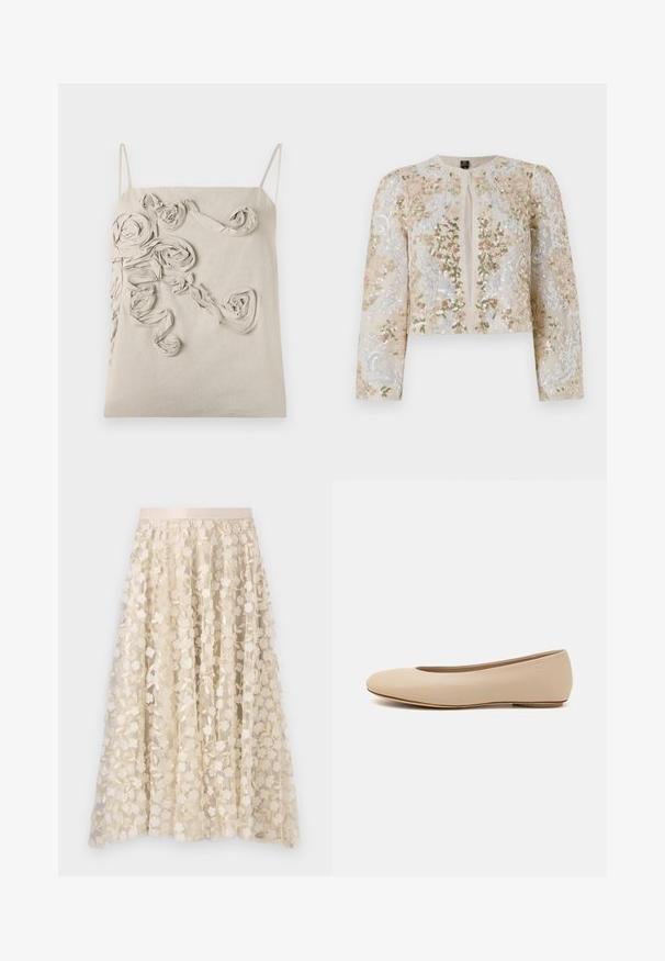 Beige siuvinėtas trumpas švarkas su rožinėmis, žaliomis ir mėlynomis gėlėmis. Turi ilgas rankoves ir apvalų iškirpimą.; Bežinis lino viršus su plonomis petnešomis, su tekstūruotais audinio rožių akcentais ir sukta detalė priekyje, lygus apdaila ir atsipalaidavęs siluetas.; Gėlių siuvinėjimas ant permatomos, kreminės spalvos sijono su satino juosta. Dizainas apima mažas, elegantiškas gėles ir lapus.; Šviesiai ruda odinė baleto bateliai su apvaliu galiuku, minimaliais siūlių detalėmis, žemu kulnu ir subtiliu logotipu gale. Lygi, matinė tekstūra.