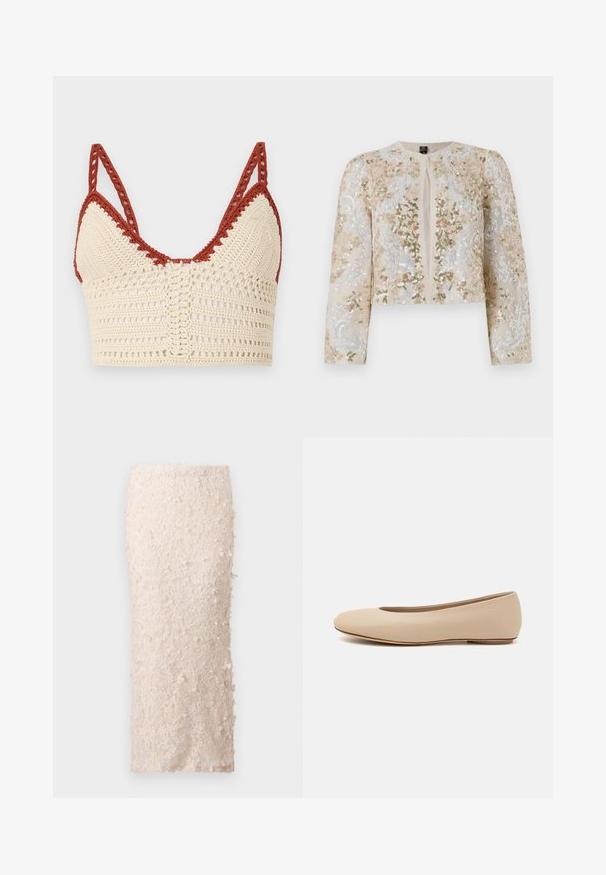 Bestickte, taillierte Jacke in Beige mit blühenden Motiven in Pink, Grün und Blau. Verfügt über lange Ärmel und einen runden Ausschnitt.; Häkeltop in Creme und Rost mit dreieckigen Cups, verstellbaren Trägern und einer offenen Struktur mit detaillierten Verzierungen.; Cremefarbene Bleistiftskirt aus Spitze mit floralen Applikationen. Das Design ist tailliert und weist eine glatte Textur sowie detaillierte Verzierungen auf.; Beige Leder-Ballerina mit runder Zehenform, minimaler Nahtgestaltung, niedrigem Absatz und dezentem Logo auf der Rückseite. Glatte, matten Oberfläche.