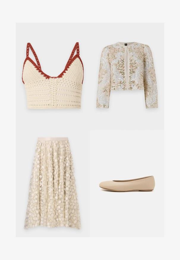 Giacca cropped ricamata in beige con motivi floreali in rosa, verde e blu. Presenta maniche lunghe e scollo rotondo.; Bralette all'uncinetto in crema e ruggine, con coppe triangolari, spalline regolabili e una trama aperta con dettagli intricati.; Ricamo floreale su una gonna trasparente color crema con una vita in satin. Il design presenta piccoli e delicati fiori e foglie.; Ballerine in pelle beige con punta arrotondata, dettagli di cucitura minimi, tacco basso e logo discreto sul retro. Texture liscia e opaca.