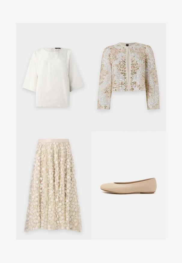 Izšūta īsā jakas stila virsjaka bēšā krāsā ar ziedu motīviem rozā, zaļā un zilā krāsā. Iespējami gari piedurknes un apaļa kakla izgriezums.; Balta īsām piedurknēm blūze ar noapaļotu dekoltē un atveri aizmugurē. Gluda tekstūra un minimālisma dizains, nodrošinot brīvu griezumu.; Ziedu izšuvums uz caurspīdīgas, krēmkrāsas svārku ar samta jostu. Dizainā ir nelieli, smalki ziedi un lapas.; Bežs ādas deju zābaciņš ar noapaļu purngalu, minimālu šuvju detaļām, zemu papēdi un diskrētu logotipu aizmugurē. Gluda, matēta tekstūra.